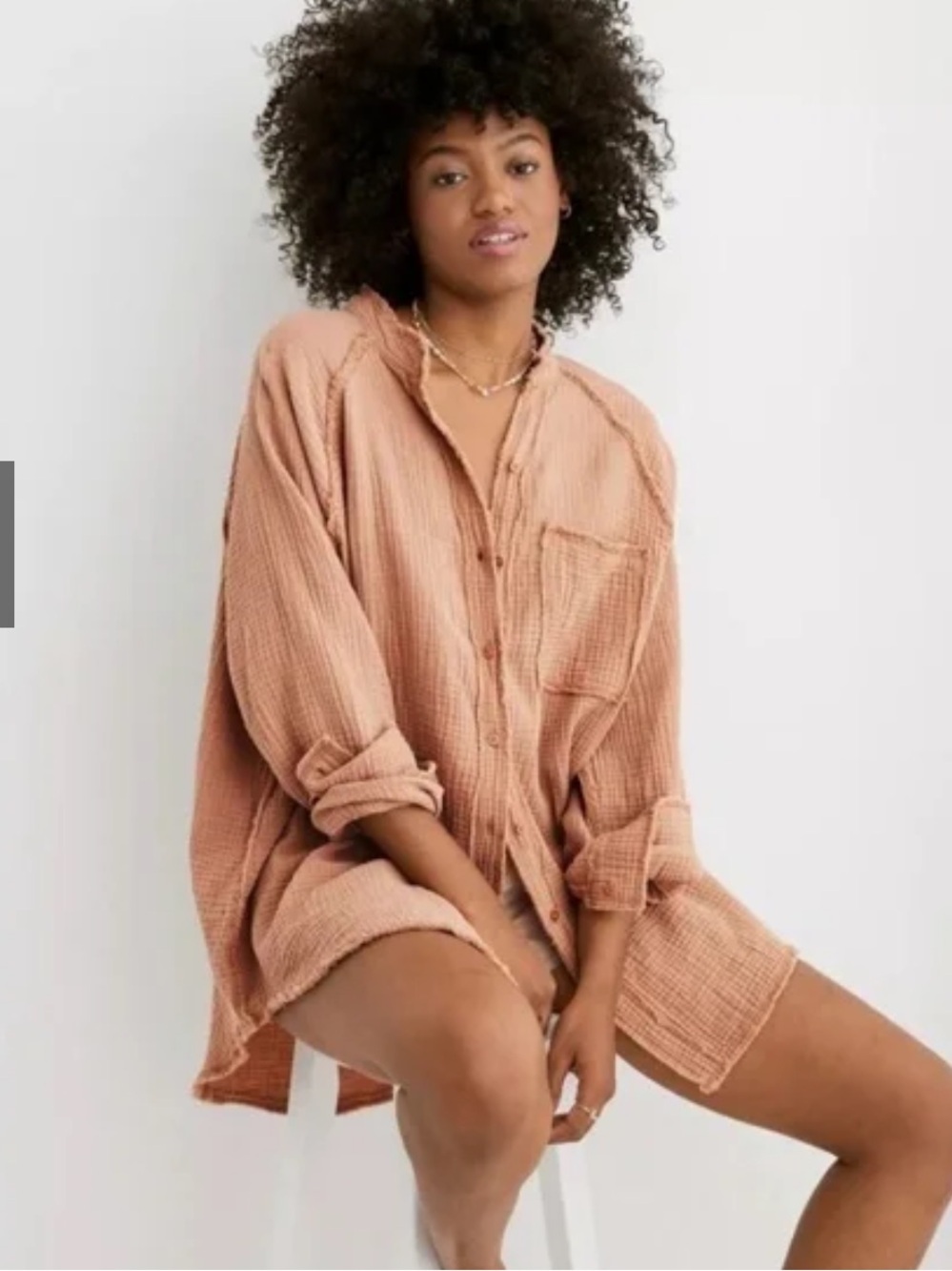 Aerie Oversized Gauze Button-Up Shirt Tan Size Small